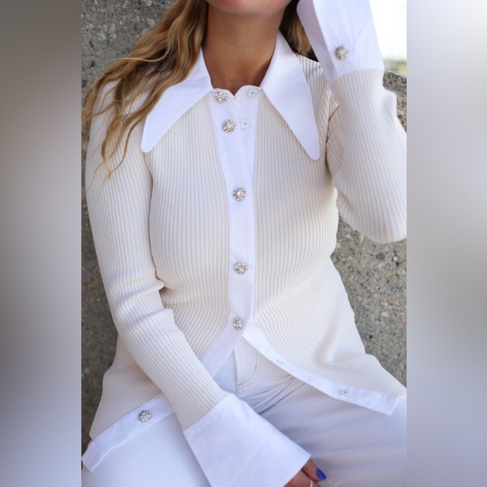 NWT $395 Ganni Melange Crystal Embellished Knit Shirt Polo Cardigan Sweater